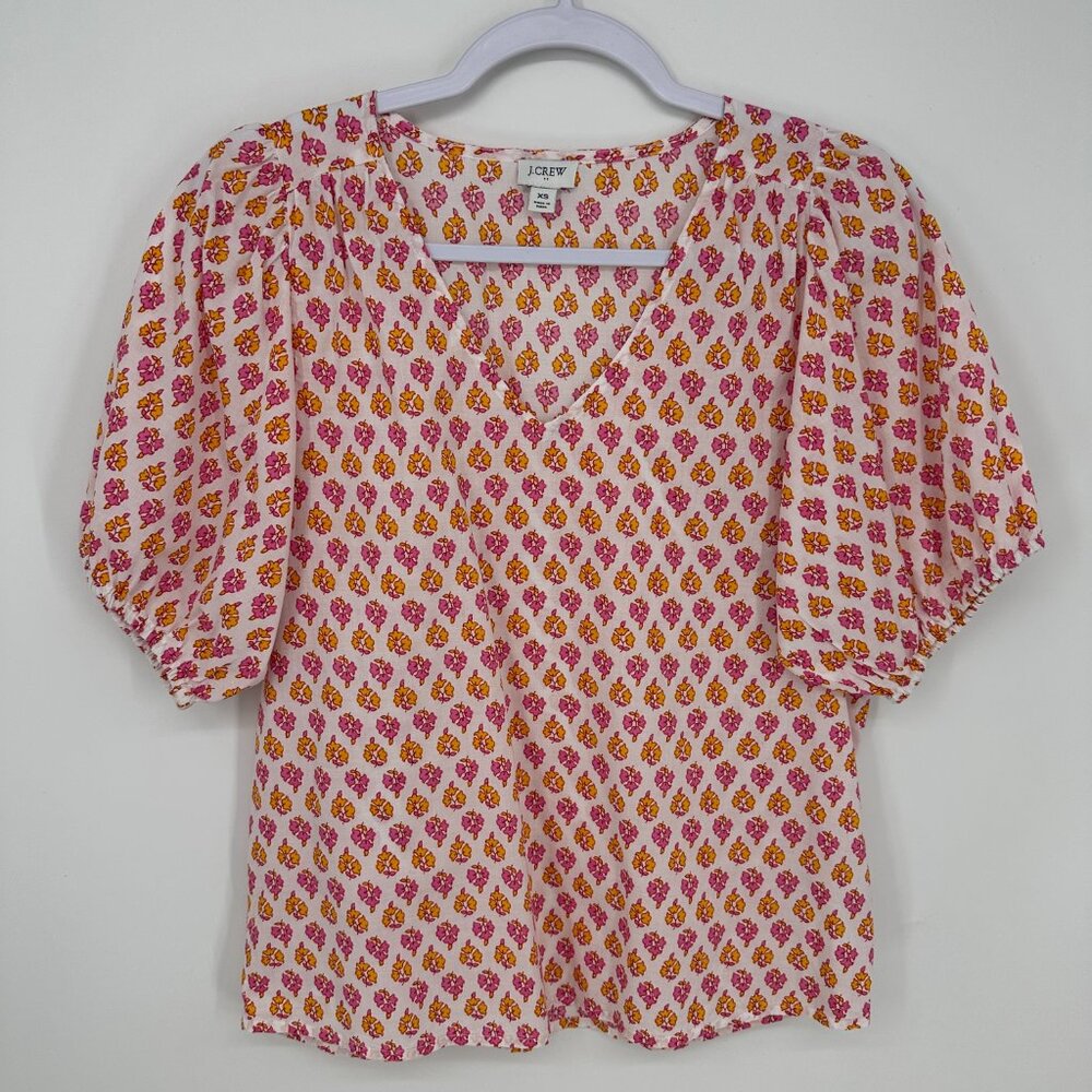 J. Crew Pink and Yellow Printed V-Neck Puff Sleeve Blouse